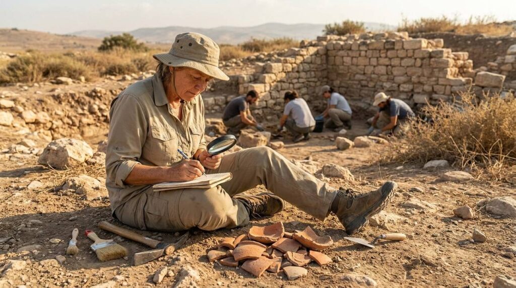 Archaeologist examining pottery shards at Bronze Age site in Israel.