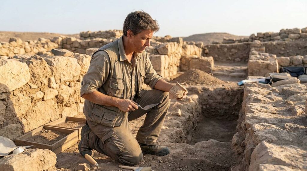 Archaeologist in field outfit examining ruins at Karnaim in morning light.