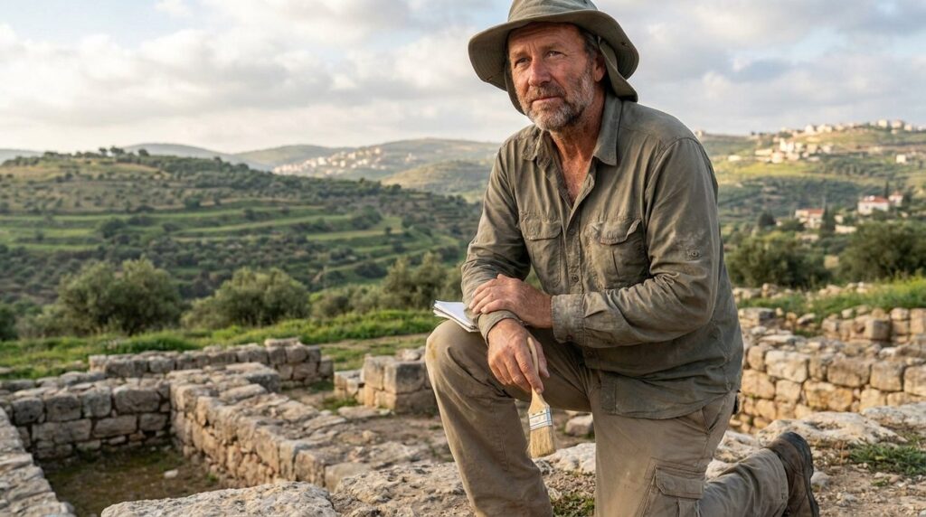 Israeli archaeologist examining ancient ruins in Shephelah, lush landscape background.