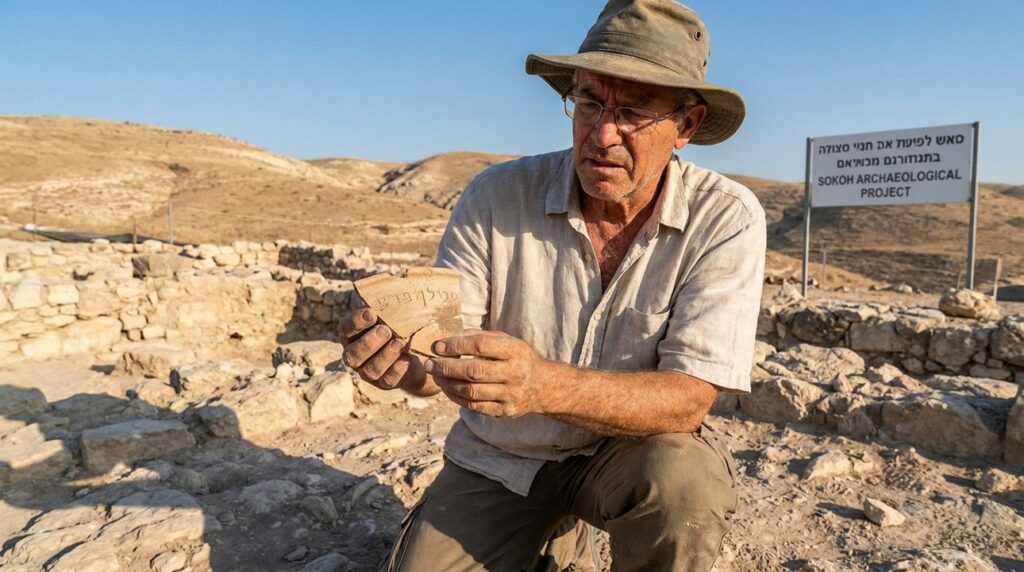 Israeli historian examines ancient pottery at Sokoh archaeological site.