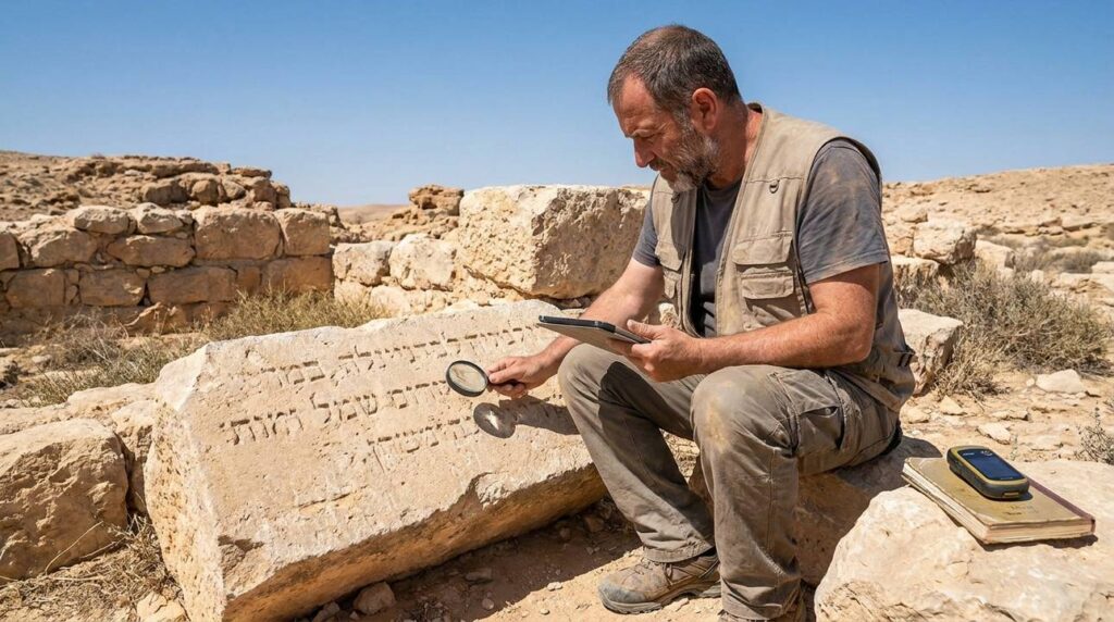 Israeli researcher examines ancient inscriptions in Negev desert.