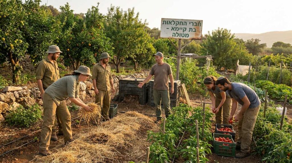 Diverse Israeli farmers working in a field in Metula.