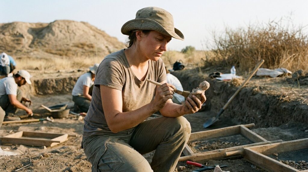 Archaeologist examining artifacts at Tell Jemmeh excavation site in morning light.
