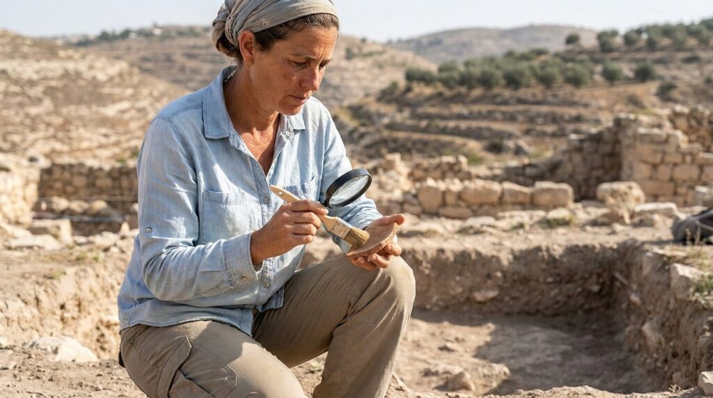 Israeli archaeologist examines artifacts at Ziph with brush and magnifying glass.