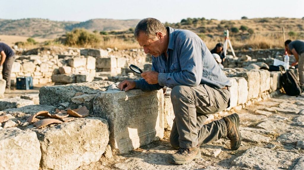 Middle-aged Israeli archaeologist examining ancient ruins at Derbe in morning light.