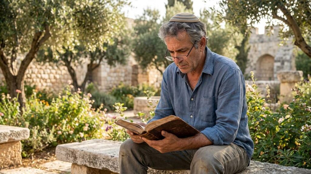 Middle-aged Israeli man reading ancient book in tranquil garden.