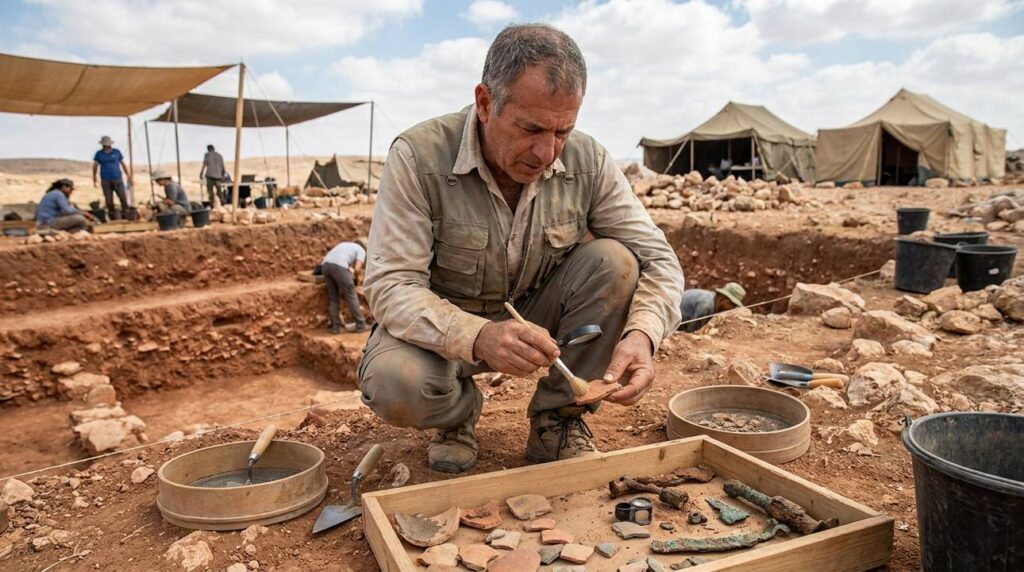 Middle-aged Israeli archaeologist examines artifacts at archaeological dig site.