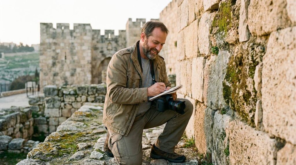 Historian examining ancient stones at Valley Gate, Jerusalem, with notebook.