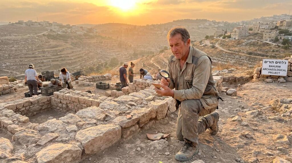 Archaeologist examining ancient ruins in Bahurim at sunset.