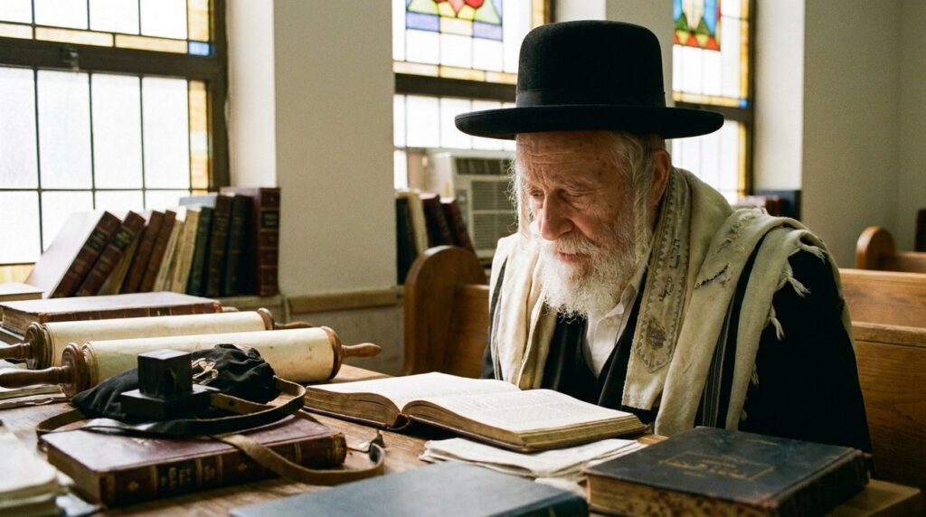 Elderly Orthodox Jewish man studying Talmud in synagogue corner.
