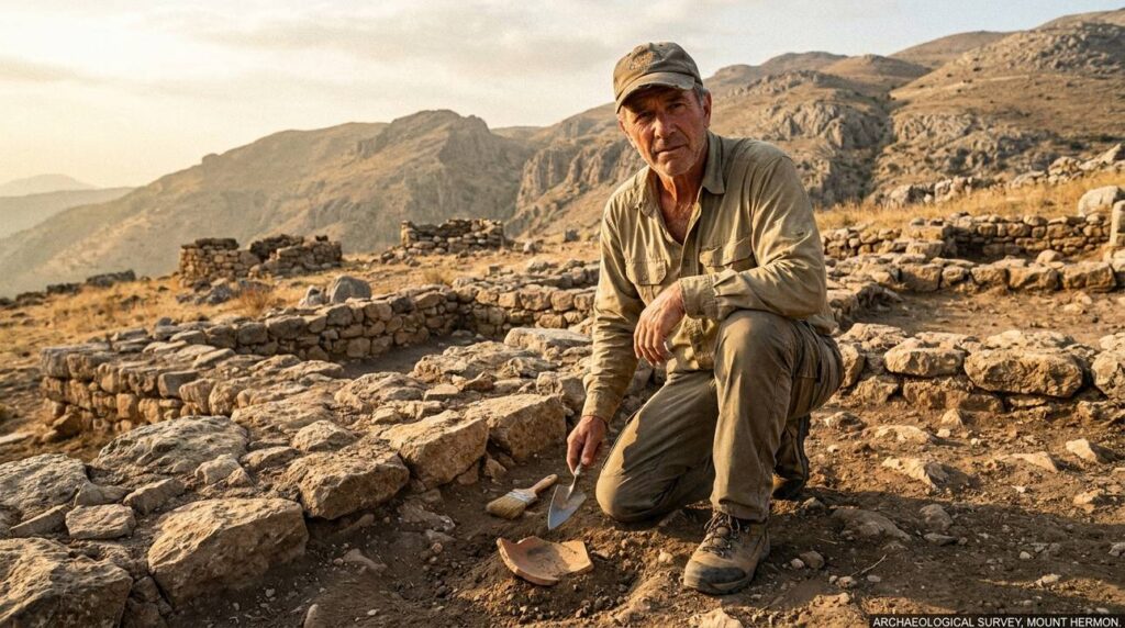 Israeli archaeologist examining ancient ruins at Baal Hermon.