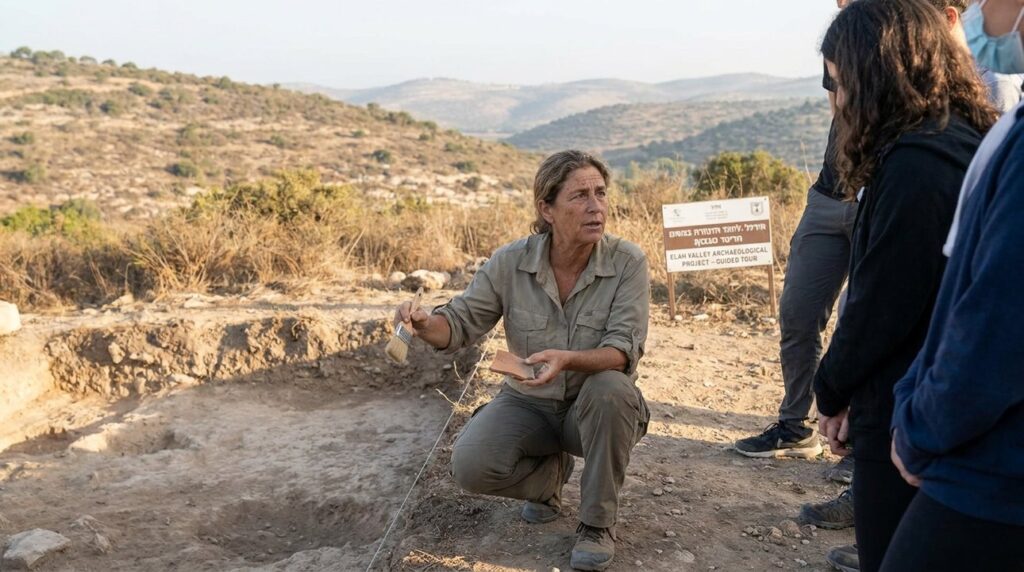 Middle-aged Israeli archaeologist examining artifacts in Elah during tour.