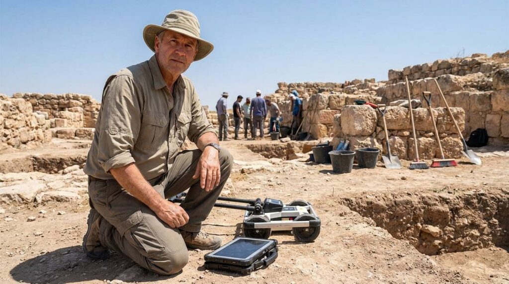 Middle-aged archaeologist examining equipment at Heshbon ruins on sunny day.