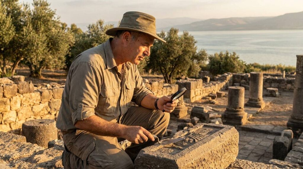 Middle-aged Israeli archaeologist examines ruins near Sea of Galilee.