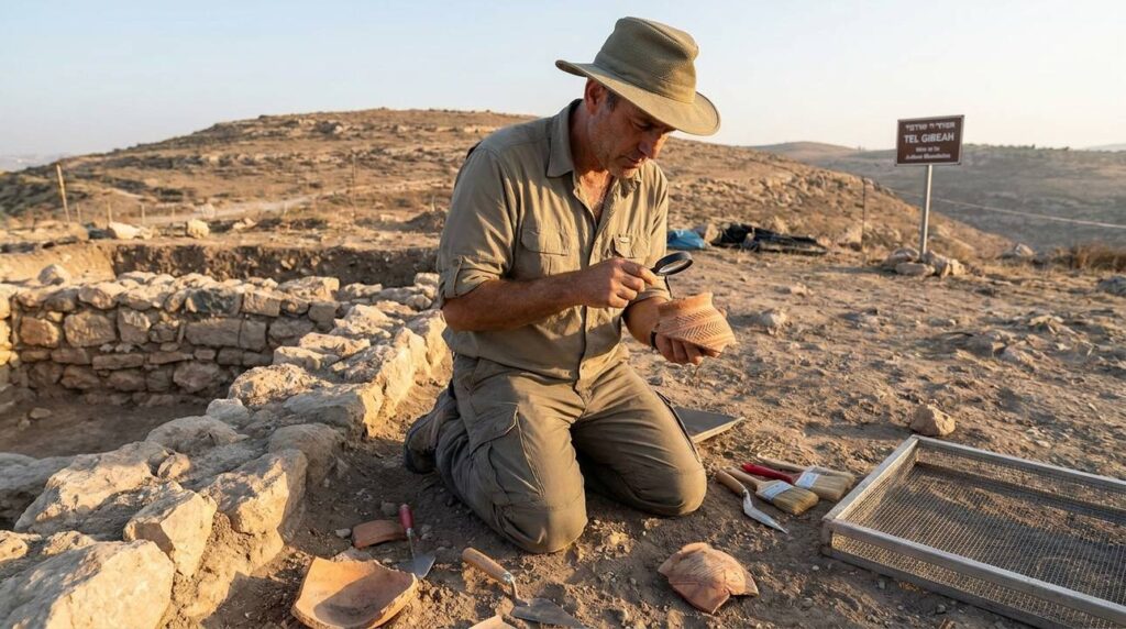 Israeli archaeologist examines pottery shards at Gibeah excavation site.