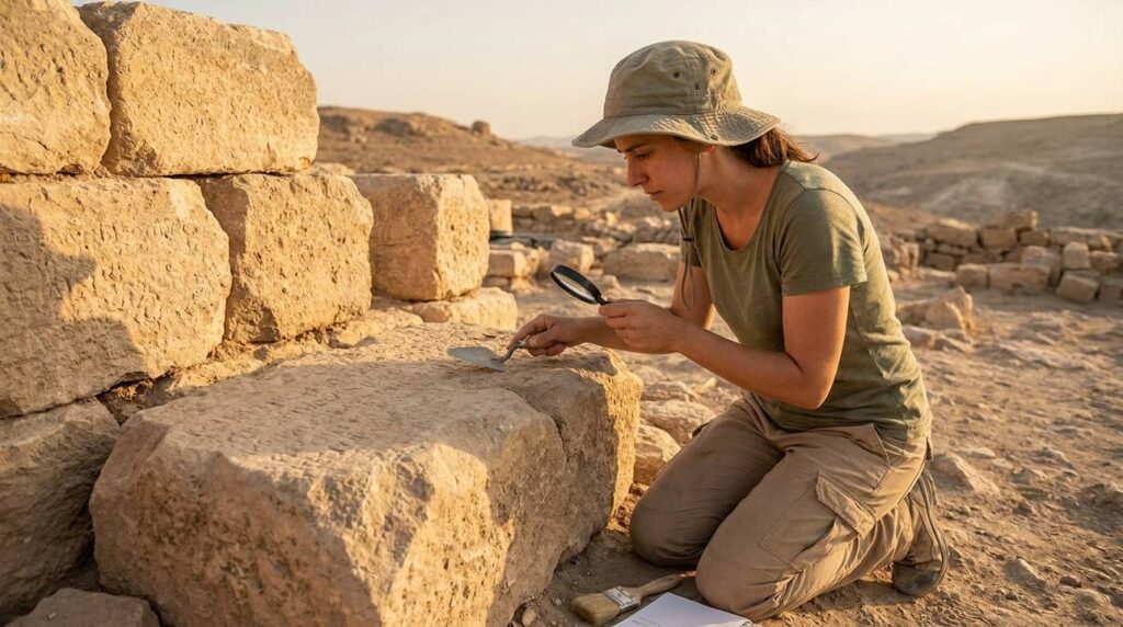 Israeli archaeologist examines ancient stones at Ramah in soft golden light.