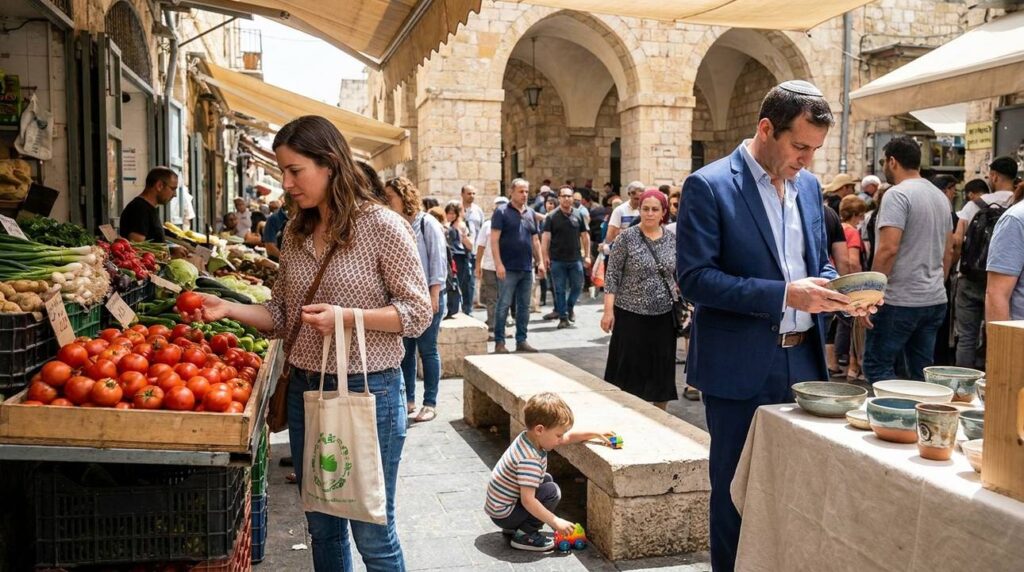 Diverse Israelis shopping and playing in a historic Jerusalem market.