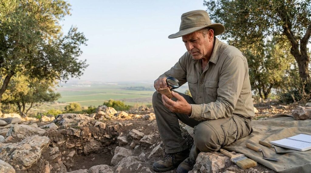 Israeli archaeologist examines artifacts at En Dor with lush background.