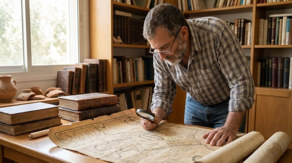 Historian examines ancient maps and texts in a book-lined study.