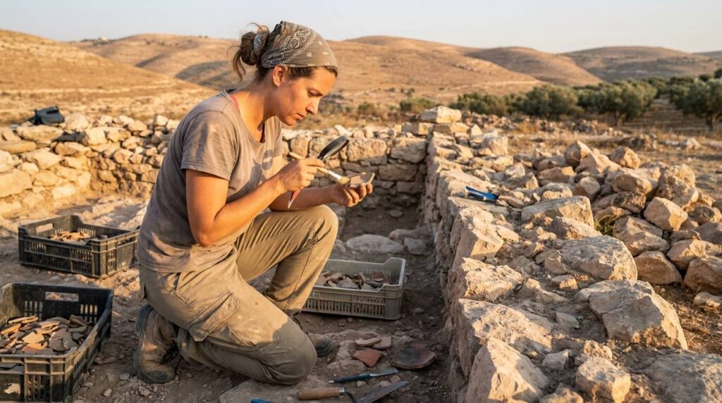 Israeli archaeologist examines ancient ruins in Judean landscape at sunset.