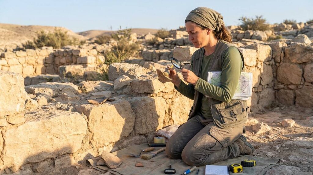 Israeli archaeologist examines ancient ruins at Ophrah with tools and map.