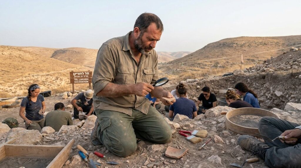 Israeli archaeologist examines artifacts at Judah region excavation site.