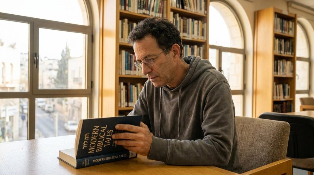 Israeli man in his 40s reading a book in Jerusalem library.