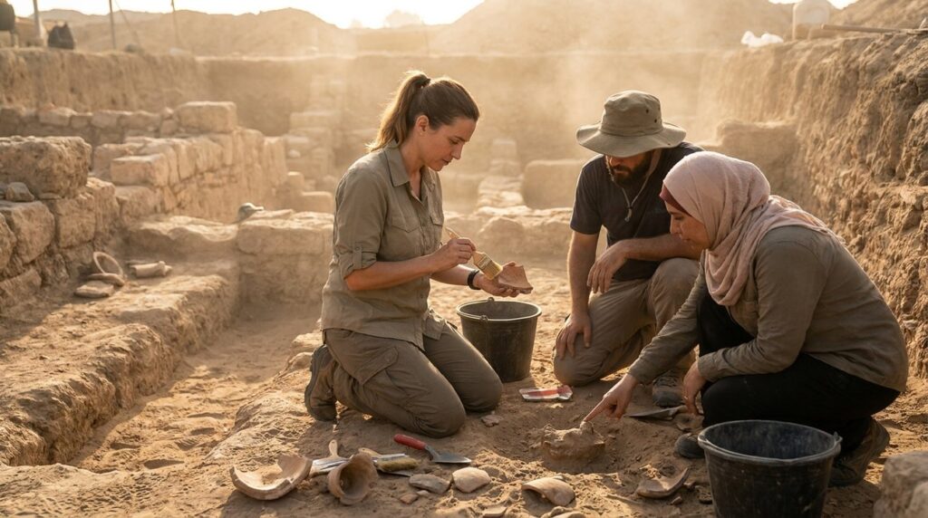 Diverse archaeologists examining artifacts at a Gaza dig site.