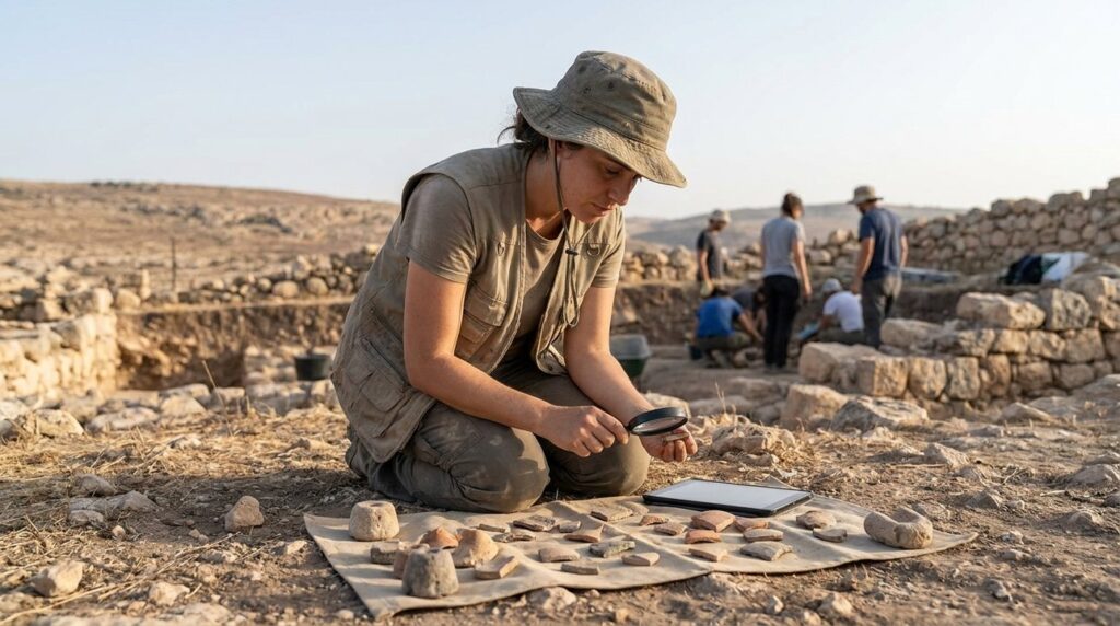 Israeli archaeologist examines ancient trade artifacts at a site in Israel.