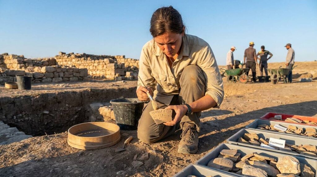 Archaeologist examines pottery shards at Bozrah excavation site in sunlight.