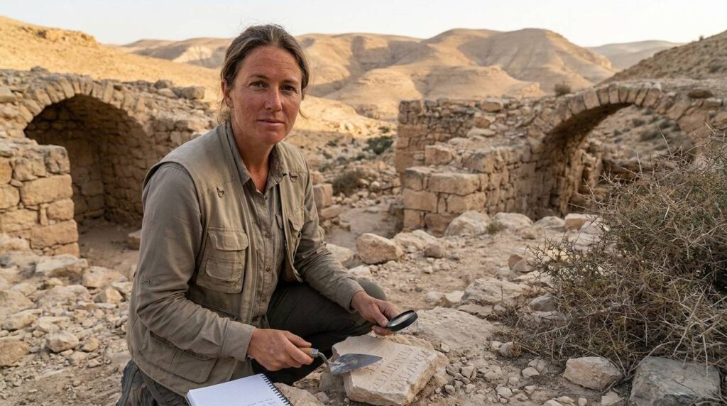 Israeli researcher examines ancient ruins in Wadi Cherith at dawn.