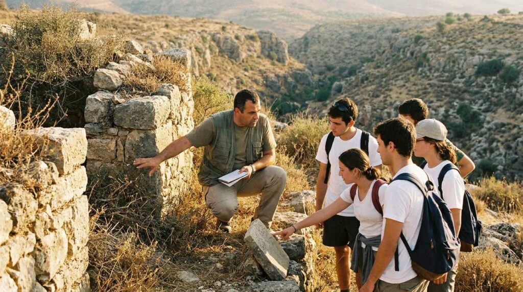 Israeli historian teaching young adults at Siddim Valley ruins.