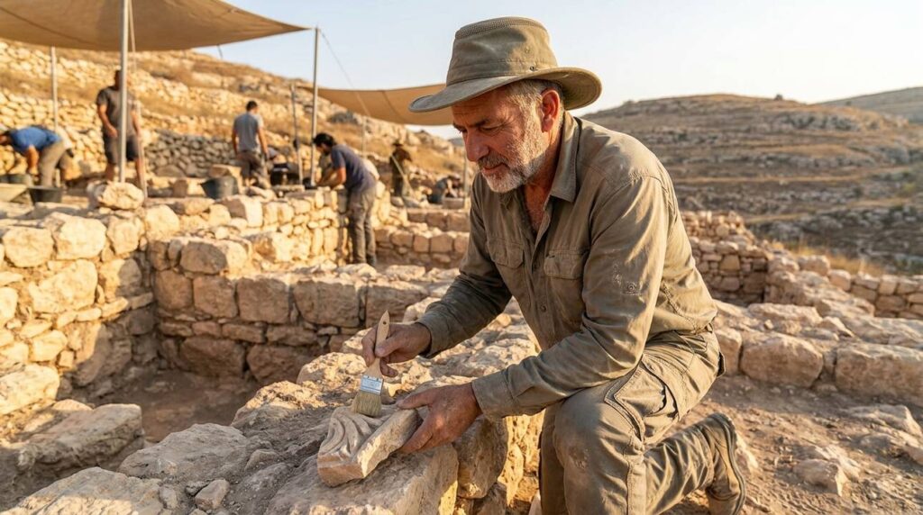 Israeli archaeologist examines ancient ruins at Ramah site.