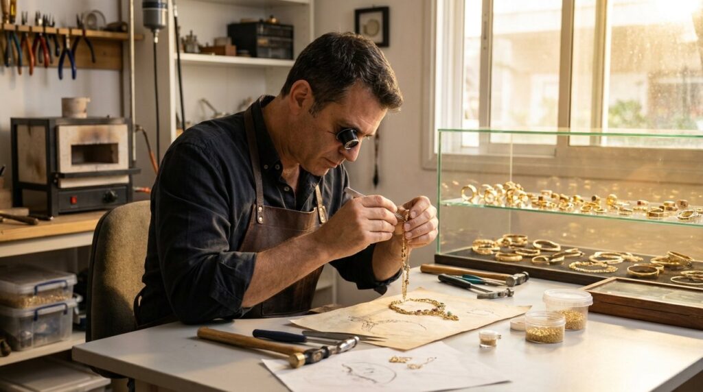 Israeli jewelry designer examines gold pieces in his well-lit workshop.