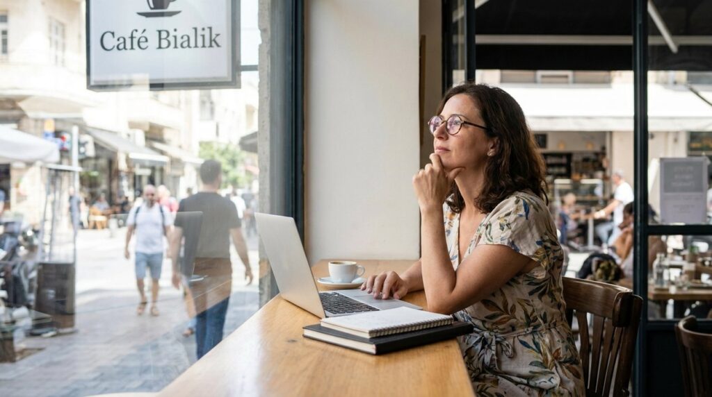 Israeli author writing on laptop in busy Tel Aviv café.