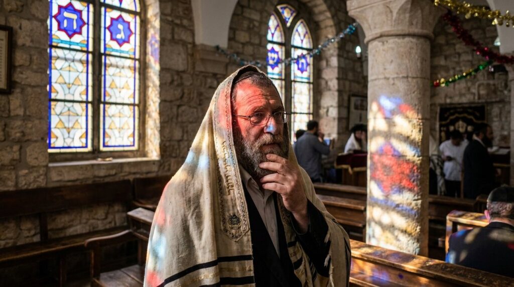 Middle-aged Jewish man in tallit stands in historic synagogue.