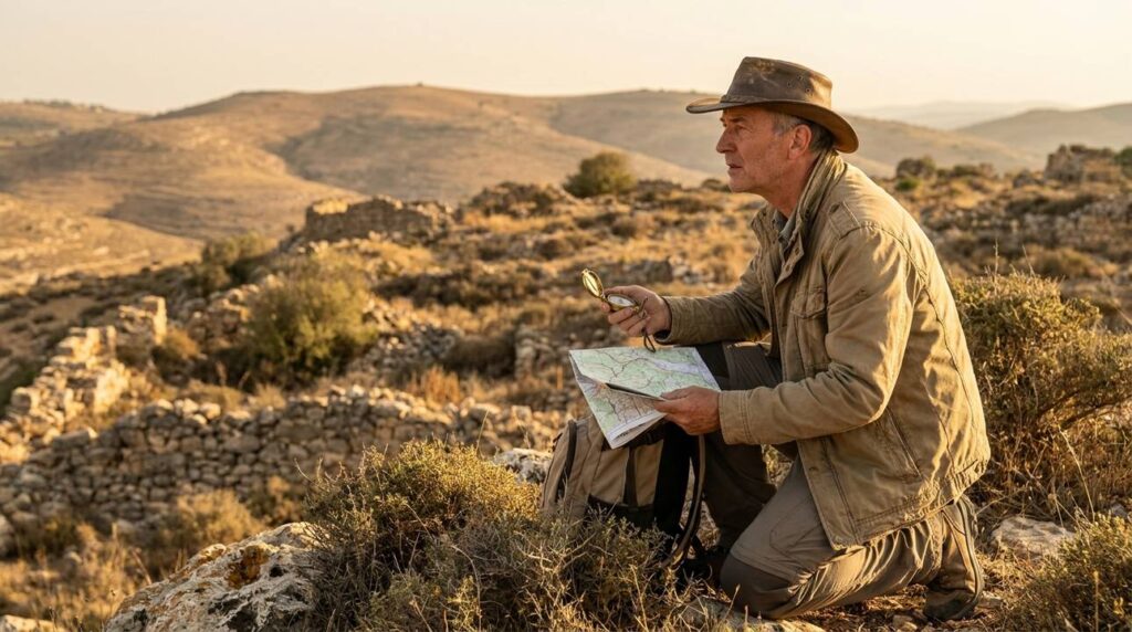 Historian with map and compass studying terrain in Maon.
