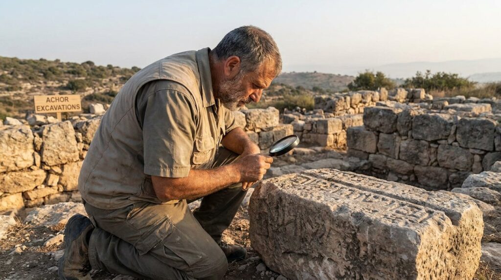 Israeli archaeologist examines ancient stone ruins at Achor in morning light.