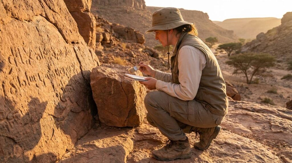Archaeologist examines ancient inscriptions in desert at sunset.