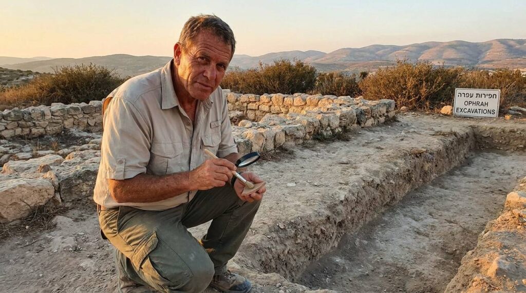 Middle-aged Israeli archaeologist examines artifacts at Ophrah with tools.