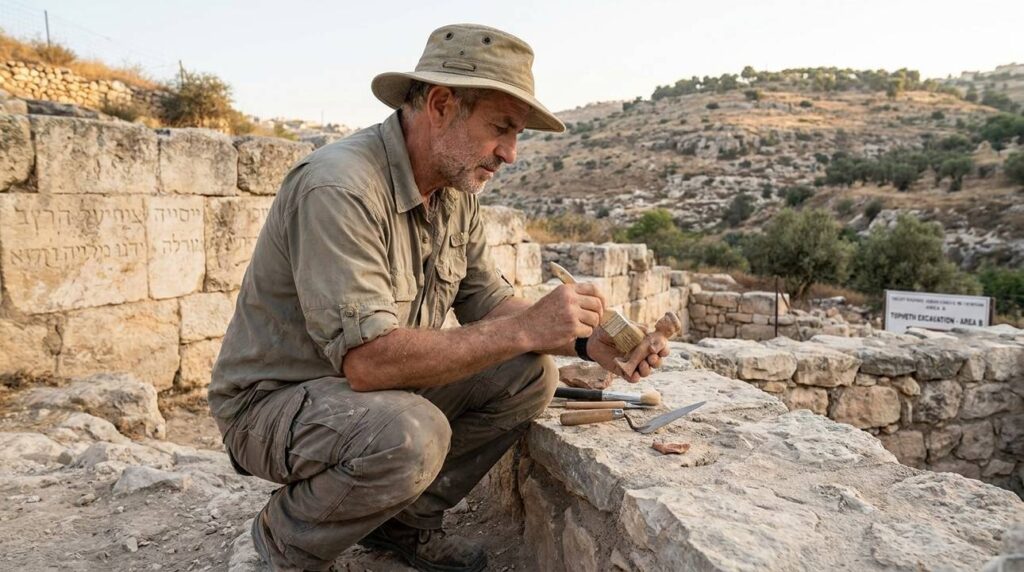 Israeli archaeologist examines artifacts at Topheth, rugged terrain in background.