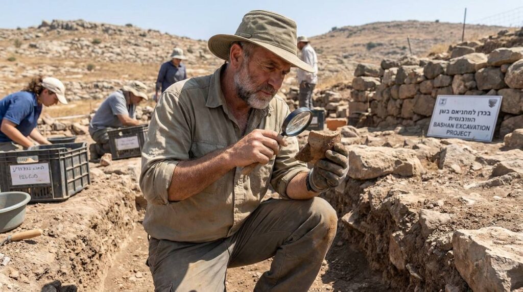 Archaeologist examining artifacts at a dig site in Bashan.