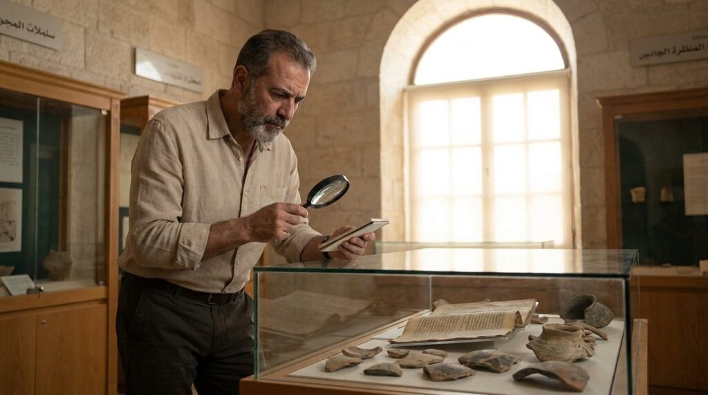 Jordanian historian examines ancient artifacts in Amman museum.