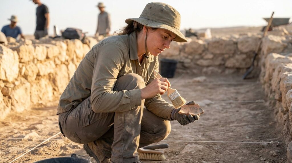 Israeli archaeologist examines pottery shard at Tel Arad excavation site.