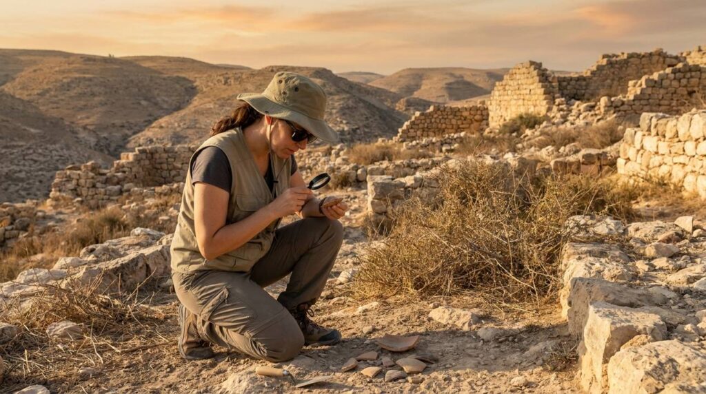 Israeli archaeologist examines artifacts at Michmas ruins in late afternoon light.