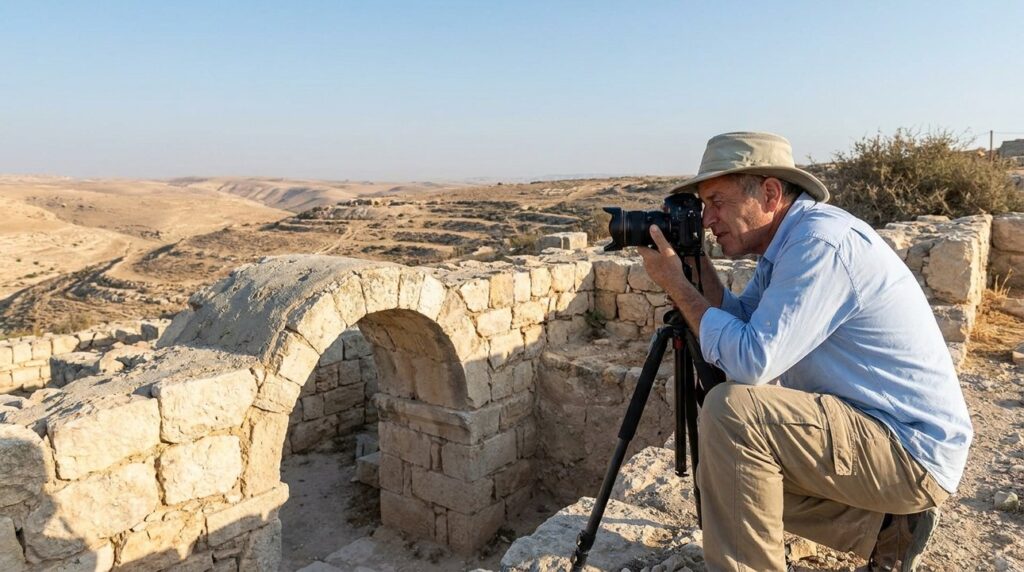 Israeli archaeologist photographs Herodium ruins in desert landscape.