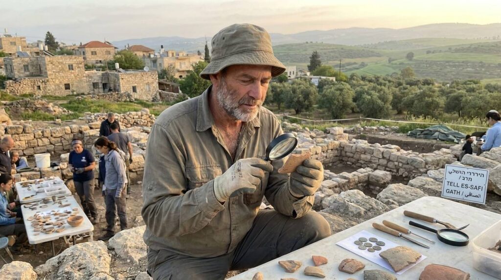 Israeli historian examines artifacts at archaeological site near village.