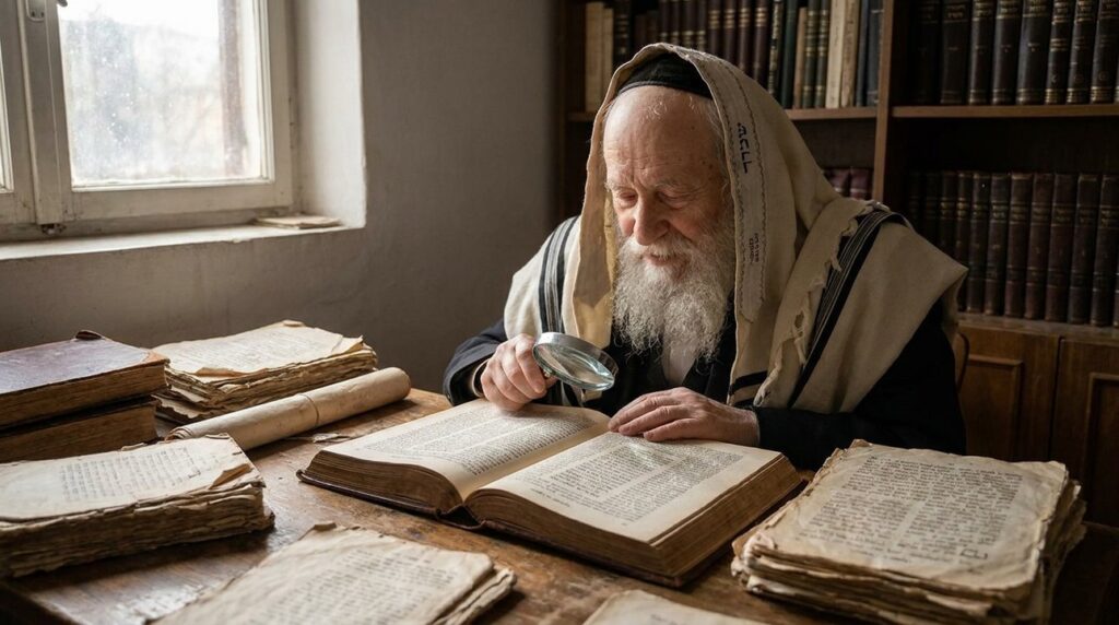 Elderly Jewish man studying Talmud among books in serene room.