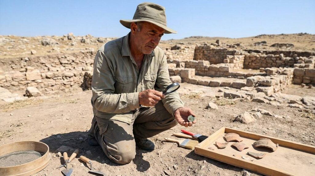 Middle-aged archaeologist examines Lydian artifacts at excavation site.