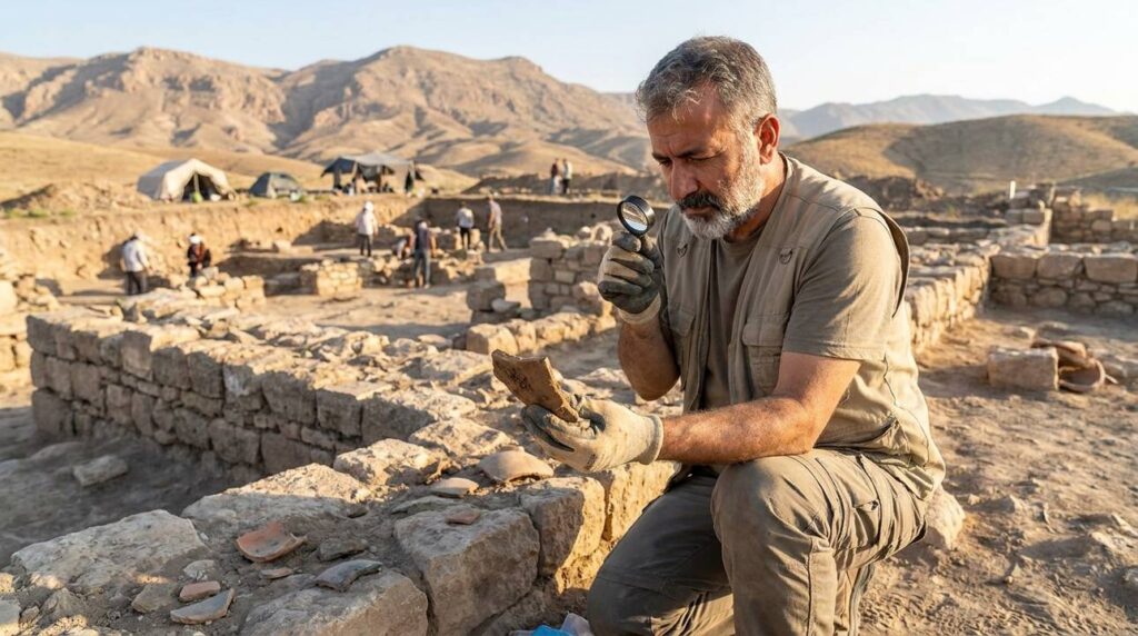Archaeologist examines artifact at ancient Kir ruins in morning light.